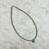NKS230708-01-SILVER      	"16 Inches long 4mm silver Navajo pearl beads with  green turquoise teardrop Necklace"