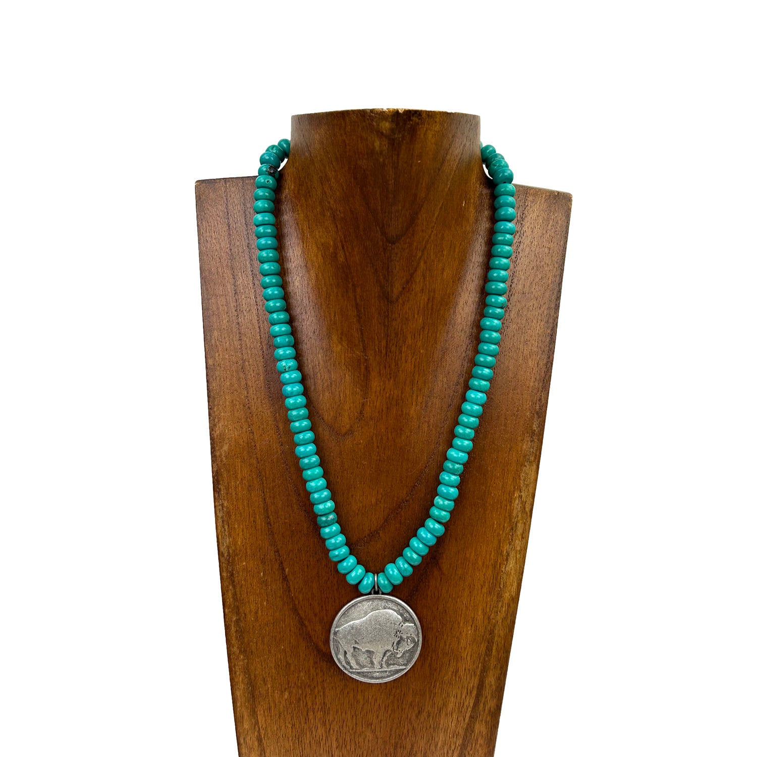 NKS230708-04       "16 Inches long blue roundel turquoise stone with  silver buffalo pendant Necklace"