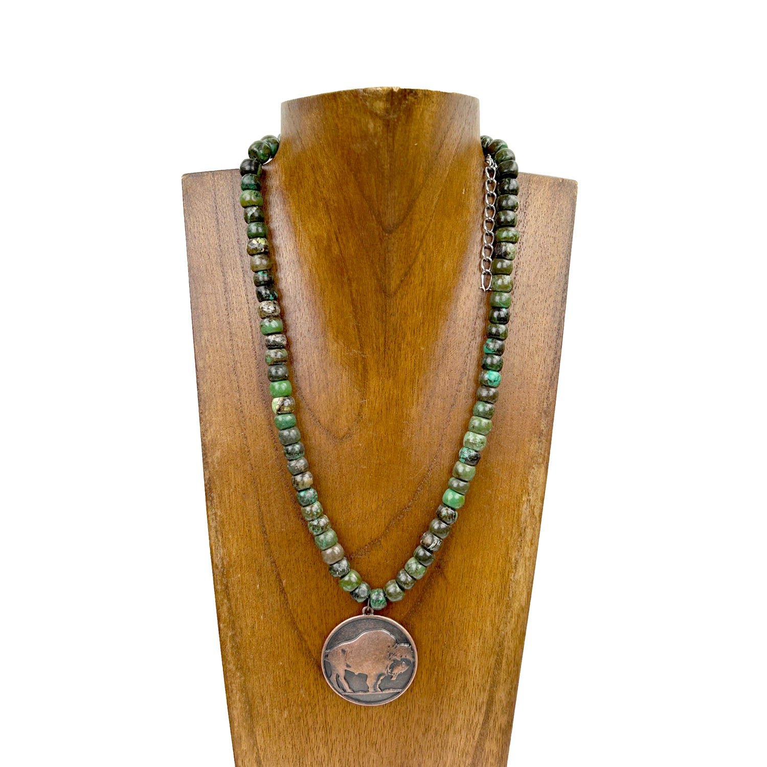 NKS230708-05	"16 Inches long green roundel turquoise stone with  copper buffalo pendant Necklace"