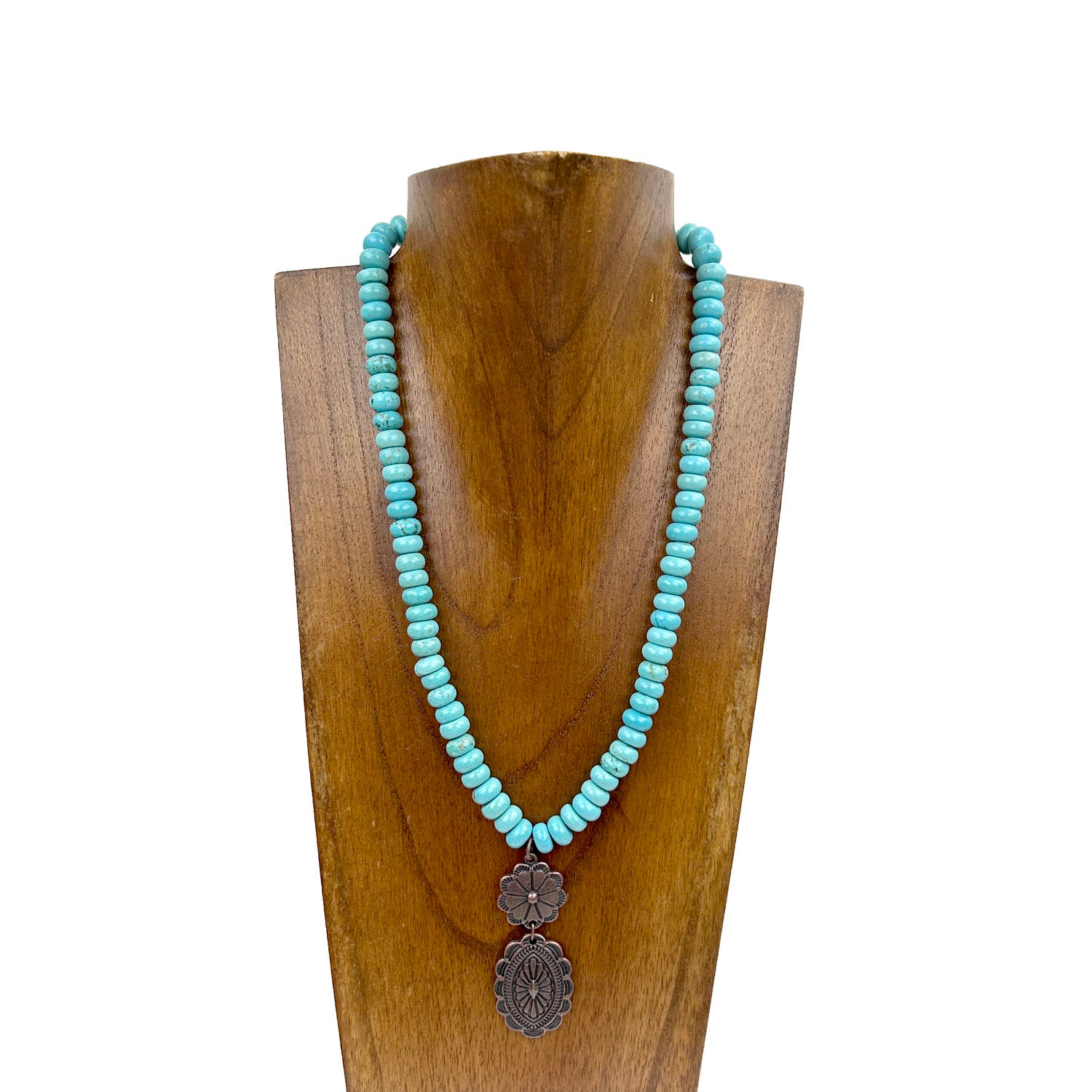 NKS230708-08	"16 Inches long blue roundel turquoise stone with copper  concho pendant Necklace"