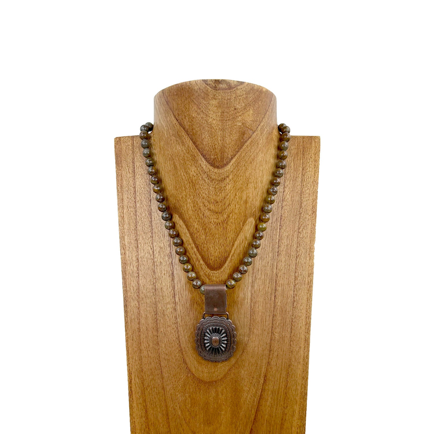 NKS230708-11	"18 inches long brown jasper stone with copper metal concho  pendant Necklace"