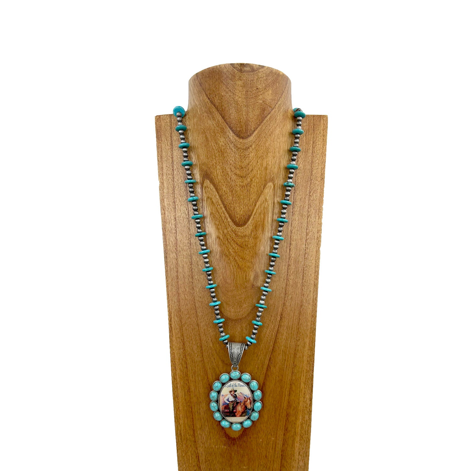 NKS230708-20	" 33 Inches long blue turquoise roundel stone and silver  Navajo pearl beads with blue turquoise stone oval  cowgirl pendant Necklace"