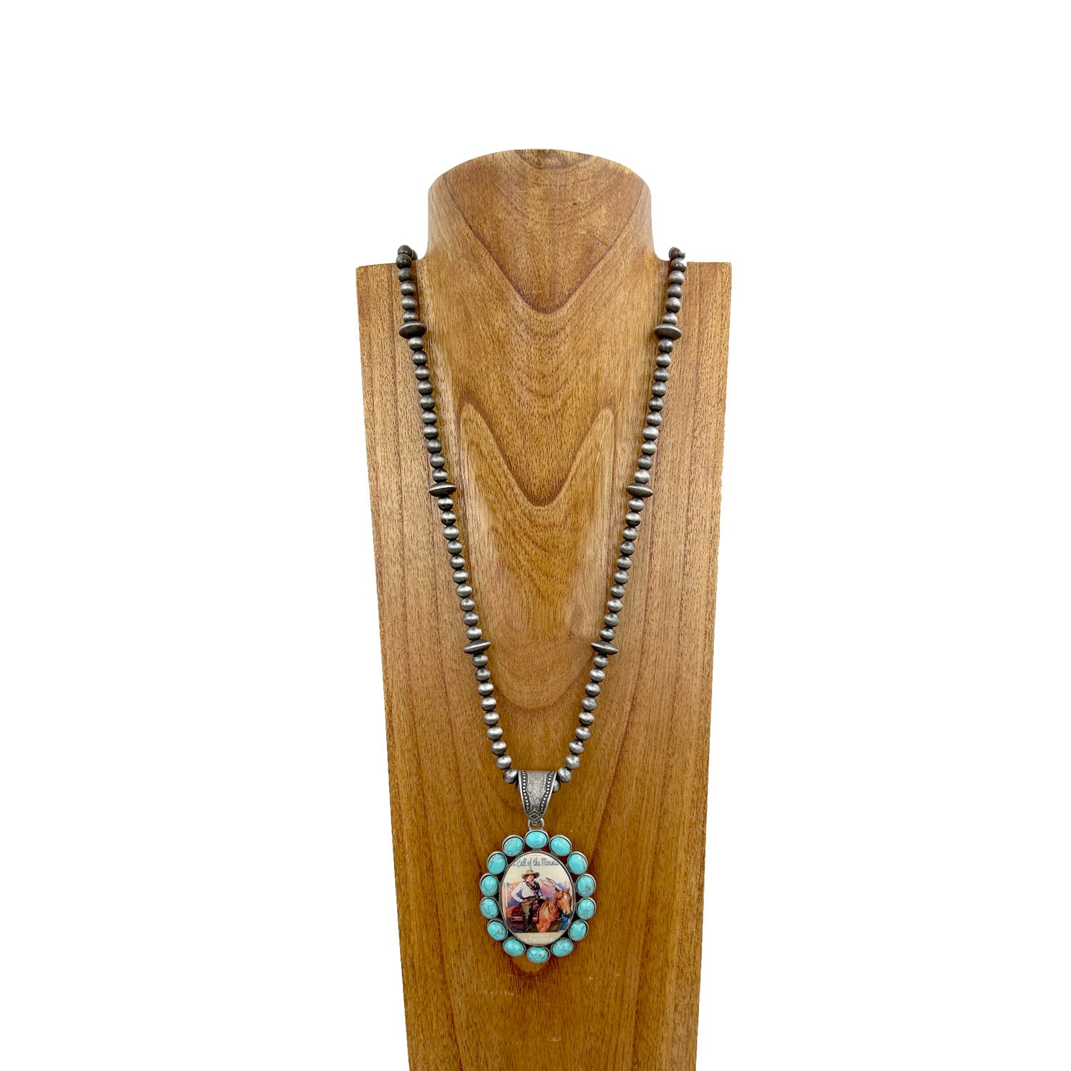 NKS230708-28	"36 Inches long silver Navajo pearl beads with blue turquoise  stone oval cowgirl pendant Necklace"
