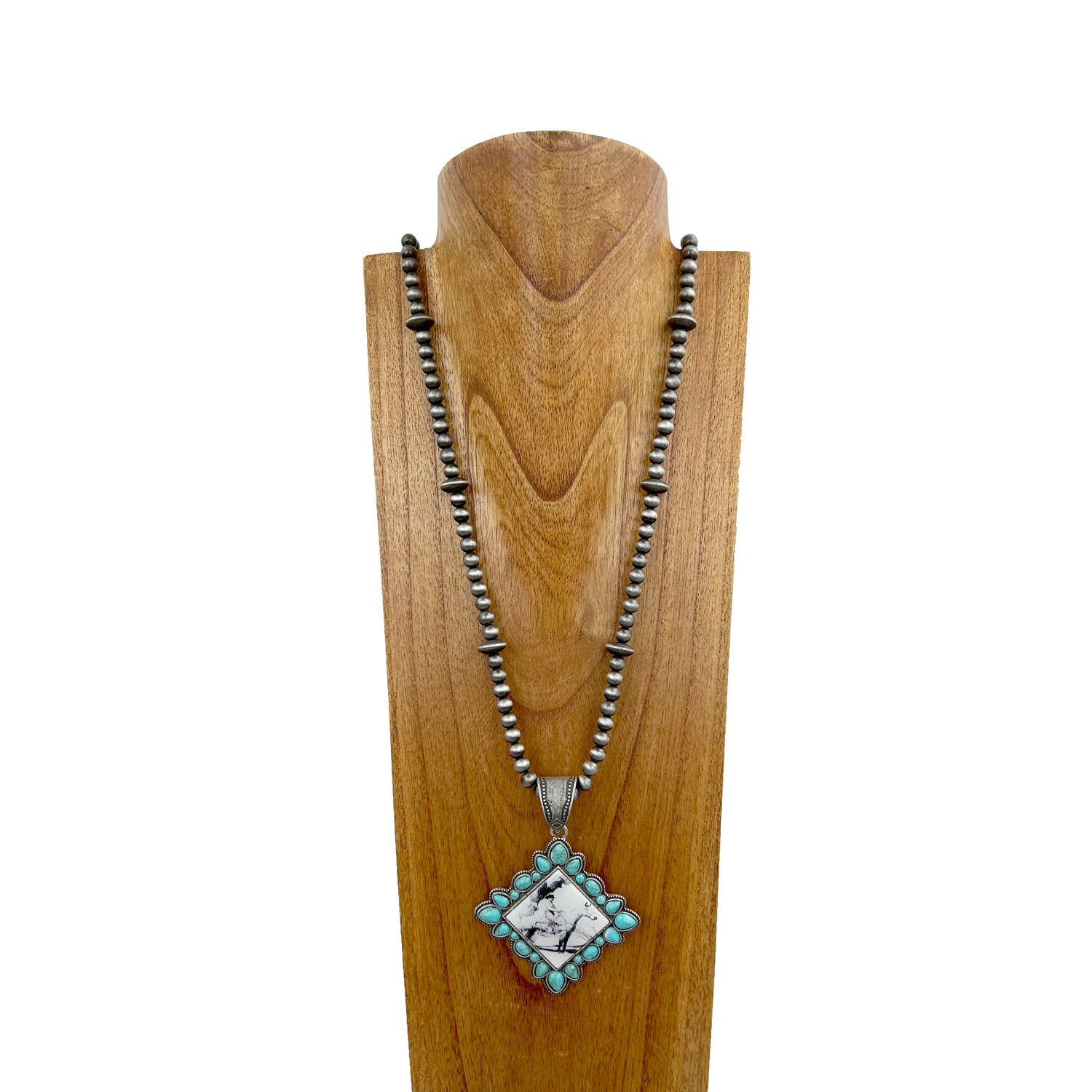 NKS230708-29	   "36 Inches long silver Navajo pearl beads with blue turquoise  stone square cowboy pendant Necklace"