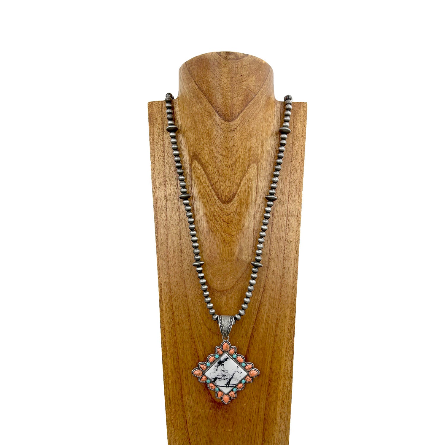 NKS230708-30	36 Inches long silver Navajo pearl beads with muti stone square cowboy pendant Necklace