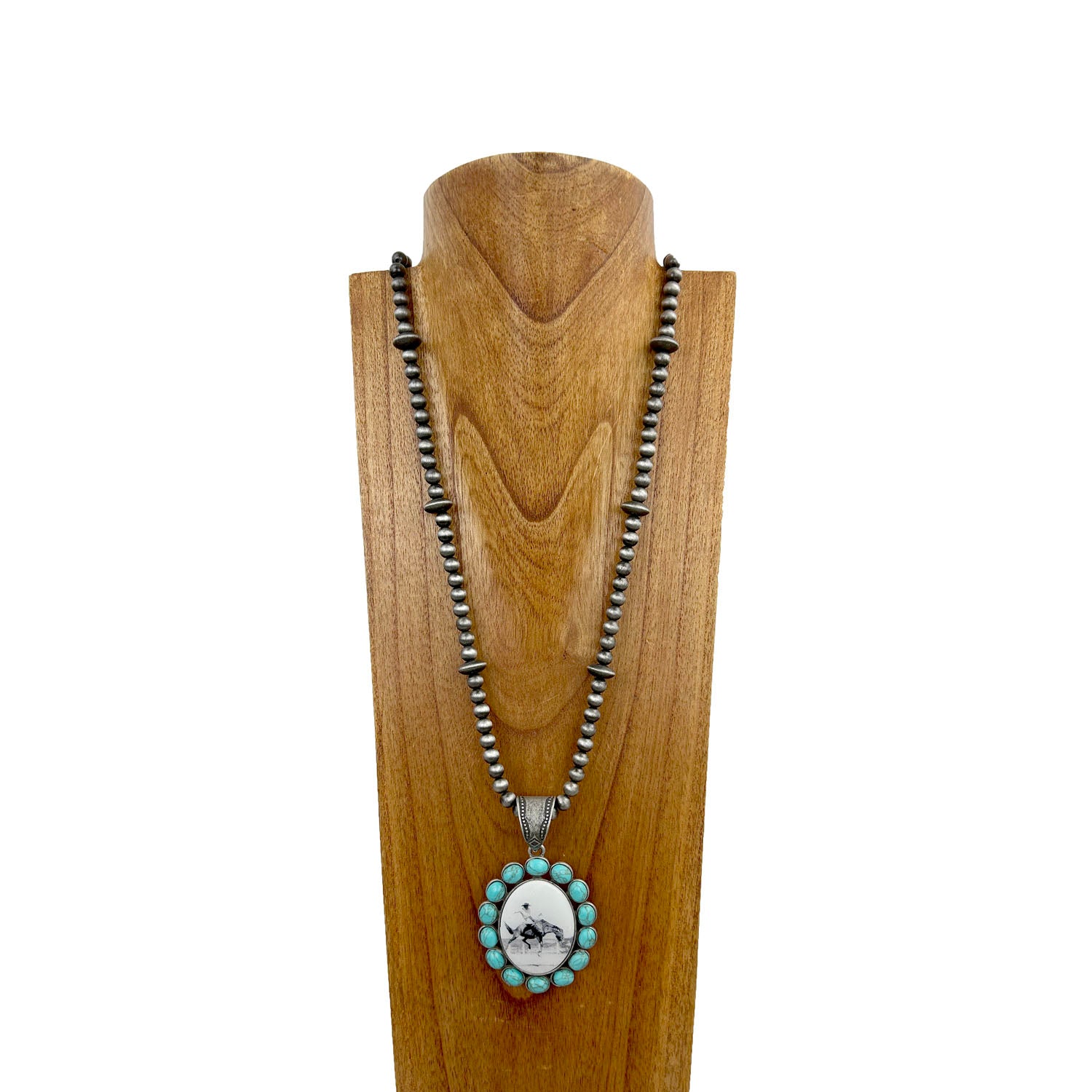 NKS230708-31	"36 Inches long silver Navajo pearl beads with blue turquoise  stone oval cowboy pendant Necklace"