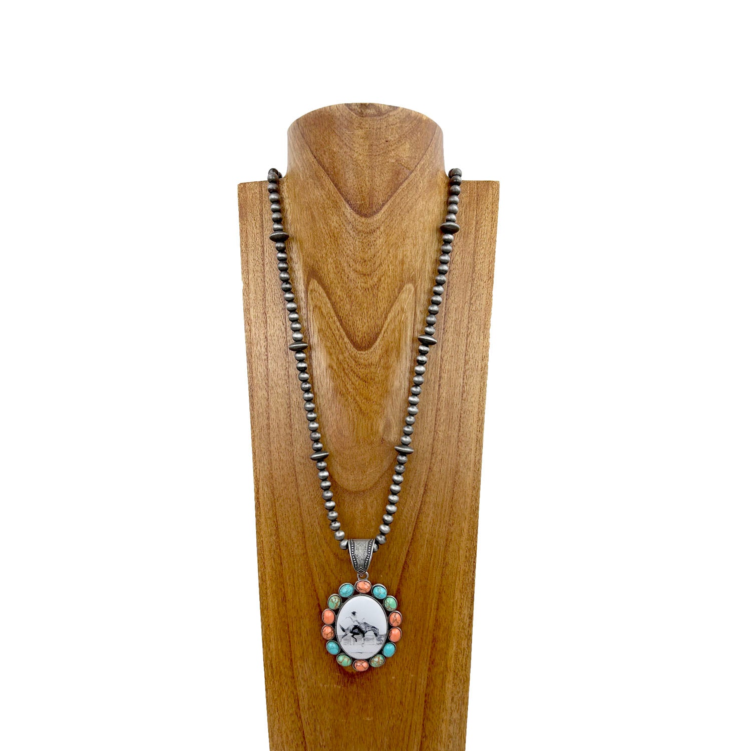 NKS230708-32	" 36 Inches long silver Navajo pearl beads with muti color stone  oval cowboy pendant Necklace"