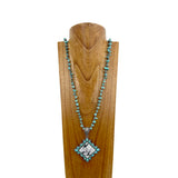 NKS230708-35	 40 inches blue turquoise nuggets and silver Navajo pearl beads with blue turquoise square cowboy pendant Necklace