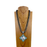 NKS230709-01	"21 Inches long silver roundel Navajo pearl beads with blue  turquoise stone square cowboy pendant Necklace"
