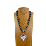 NKS230709-02	"21 Inches long silver roundel Navajo pearl beads with muti  color stone square cowboy pendant Necklace"