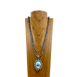 NKS230709-03	"32 inches 10mm silver Navajo pearl beads with blue turquoise  stone oval cowboy pendant Necklace"