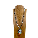 NKS230709-04	" 32 inches 10mm silver Navajo pearl beads with muti color  stone oval cowboy pendant Necklace"