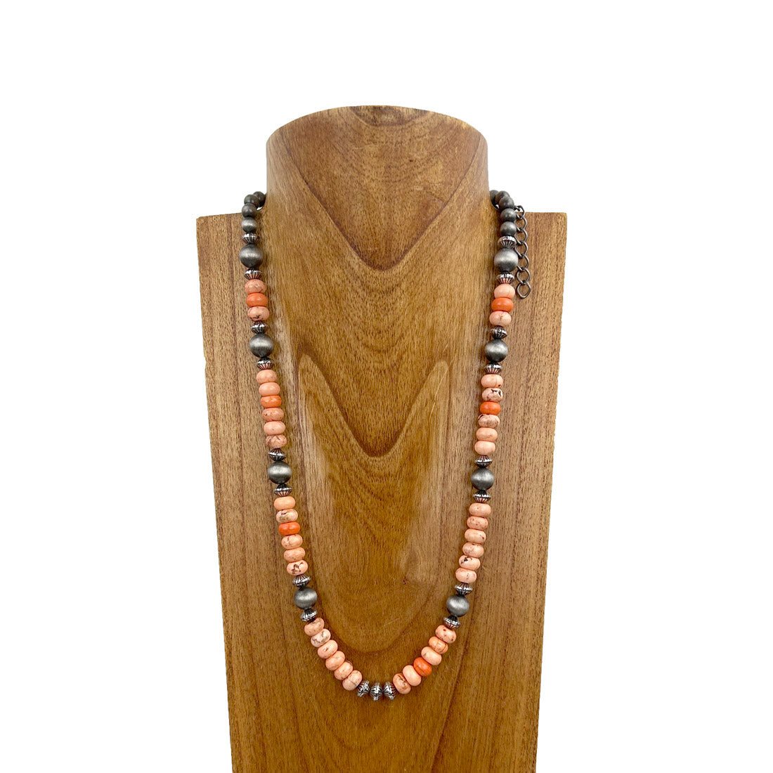 NKS230812-09     24 inches silver Navajo pearl with orange stone beads Necklace