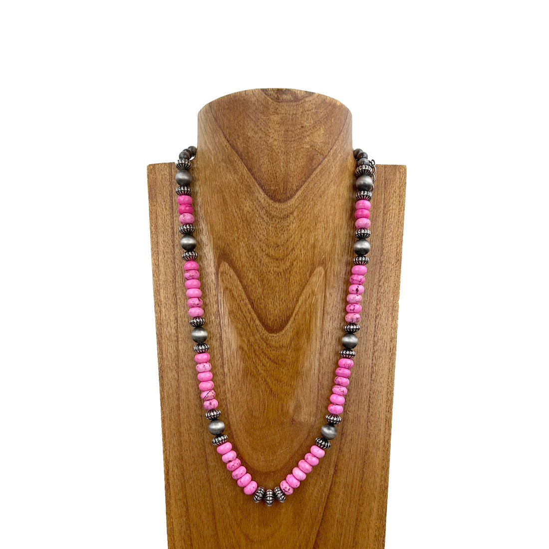 NKS230812-10     24 inches silver Navajo pearl with pink stone beads Necklace