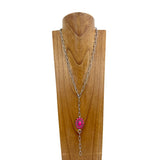 NKS230812-25            Silver metal chain with hot pink stone concho Necklace