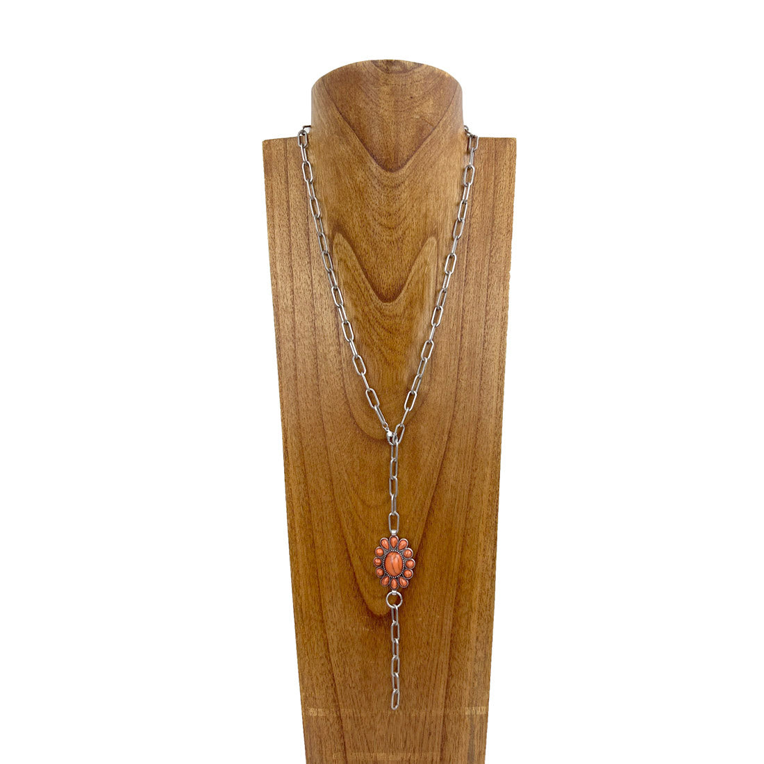 NKS230812-27            Silver metal chain with orange stone concho Necklace