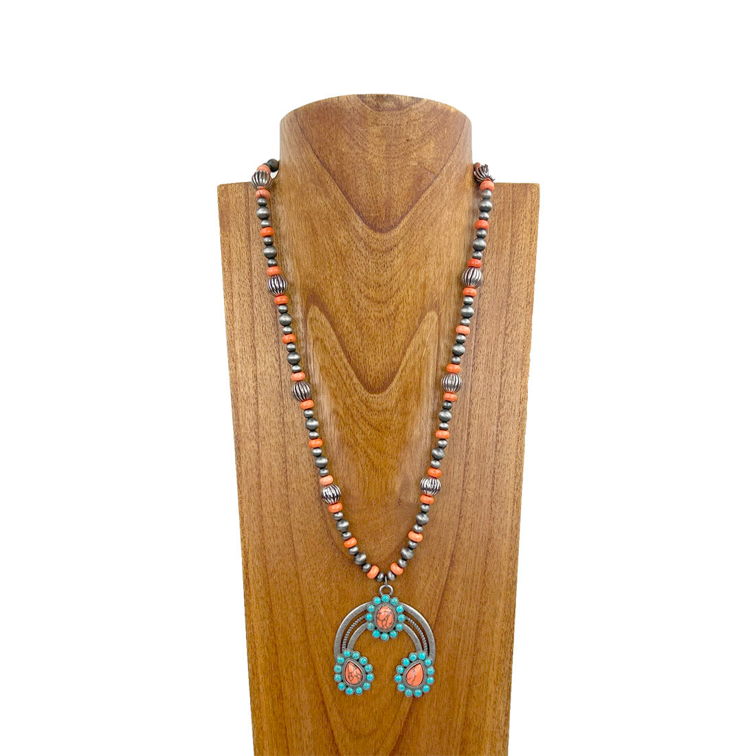 NKS231028-19         24 Inches silver Navajo pearl and blue roundel turquoise stone beads with blue squash blossom Necklace