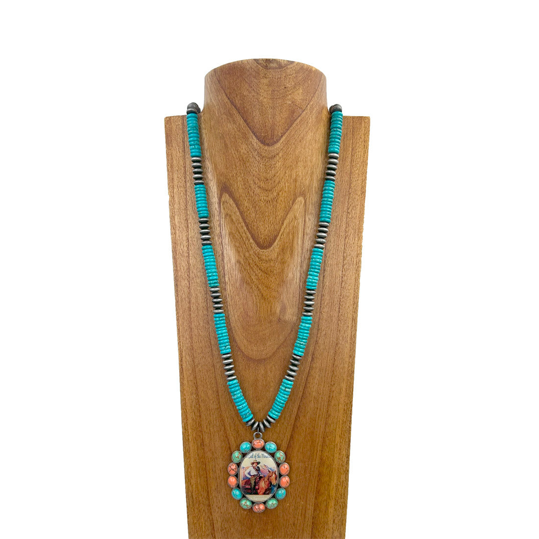 NKS231028-32                     34 inches silver Navajo pearl and blue roundel turquoise stone beads with muti oval cowgirl pendent Necklace