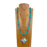 NKS231028-32                     34 inches silver Navajo pearl and blue roundel turquoise stone beads with muti oval cowgirl pendent Necklace