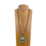 NKS231028-36                               32 inches copper Navajo pearl beads with blue turquoise stone oval cowgirl pendent necklace