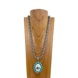 NKS231028-40                       32 inches silver Navajo pearl beads with blue turquoise stone oval cowboy pendent necklace