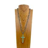 NKS231028-41         32 inches copper Navajo pearl beads with blue turquoise stone cross Necklace