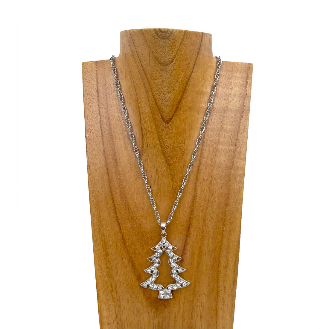 NKS231028-53                  Silver metal chain with clear crystal Christmas tree pendent Necklace