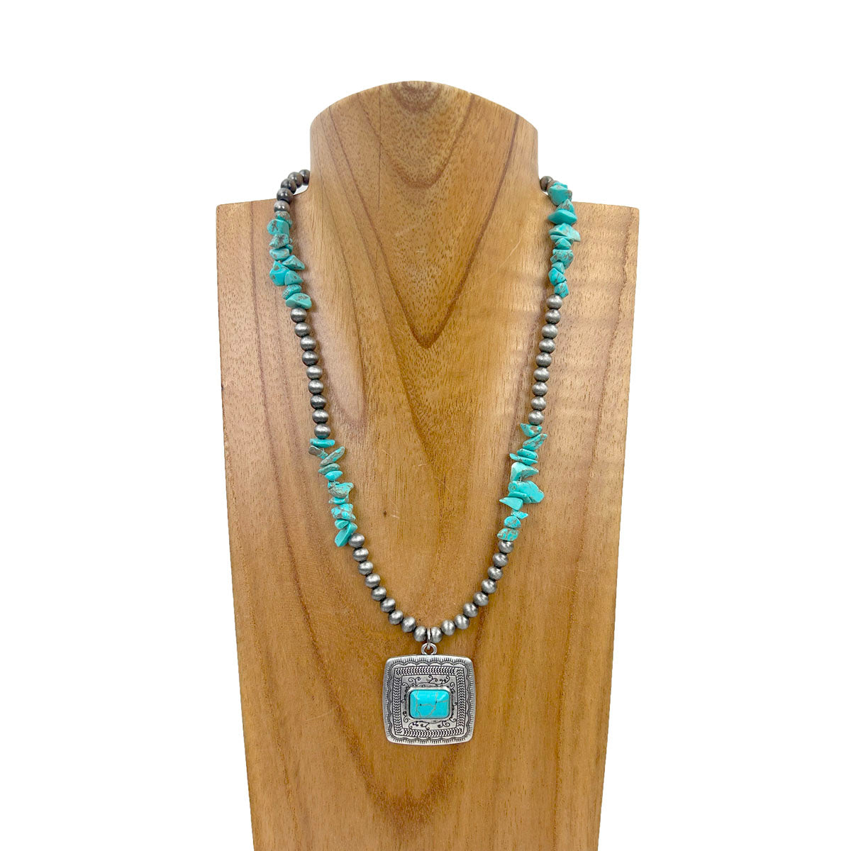 NKS240106-10            17 inches silver metal Navajo pearl and blue turquoise stone nuggets with metal square pendent Necklace