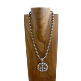 NKS250901-01-BLUE            23'' Long 8 mm silver Navajo pearl beads with blue turquoise stone peace sign pendent Necklace