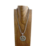NKS250901-01-BLUE            23'' Long 8 mm silver Navajo pearl beads with blue turquoise stone peace sign pendent Necklace