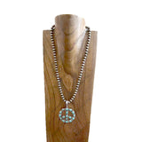 NKS250901-01-BLUE            23'' Long 8 mm silver Navajo pearl beads with blue turquoise stone peace sign pendent Necklace