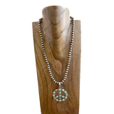 NKS250901-01-BLUE            23'' Long 8 mm silver Navajo pearl beads with blue turquoise stone peace sign pendent Necklace