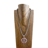 NKS250901-01-BLUE            23'' Long 8 mm silver Navajo pearl beads with blue turquoise stone peace sign pendent Necklace