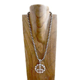 NKS250901-01-BLUE            23'' Long 8 mm silver Navajo pearl beads with blue turquoise stone peace sign pendent Necklace