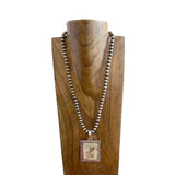 NKY250906-01    22 inches 8mm silver Navajo pearl beads with rectangle western pendent Necklace