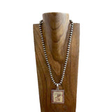 NKY250330-28    22 inches 8mm silver Navajo pearl beads with rectangle western pendent Necklace