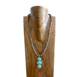NKS250907-01-BLUE                  23 '' L 8mm silver Navajo pearl bead with 3 blue turquoise stone pendent Necklace