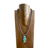 NKS250907-01-BLUE                  23 '' L 8mm silver Navajo pearl bead with 3 blue turquoise stone pendent Necklace