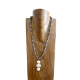 NKS250907-01-BLUE                  23 '' L 8mm silver Navajo pearl bead with 3 blue turquoise stone pendent Necklace