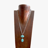 NKS250907-02-BLUE      20 ''  Silver paper clip metal chain with 2 turquoise stone pendent Necklace