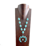 NKS250907-03-BLUE                             28'' L Blue TQ stone Necklace with big squash blossom pendent