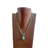 NKS250908-01-BLUE        17'' L  4mm Blue TQ & silver Navajo pearl beads with diamond shape blue TQ pendent Necklace