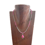 NKS250908-01-SILVER-HOT PINK             17''  4mm Hot pink stone and silver Navajo pearl beads with diamond shape Hot pink stone pendent Necklace