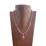 NKS250908-01-SILVER-HOT PINK             17''  4mm Hot pink stone and silver Navajo pearl beads with diamond shape Hot pink stone pendent Necklace