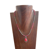 NKS250908-01-SILVER-HOT PINK             17''  4mm Hot pink stone and silver Navajo pearl beads with diamond shape Hot pink stone pendent Necklace