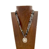 NKS251013-03-BROWN-BLUE    16'' L brown print scarf Necklace with blue turquoise stone flower concho Pendent