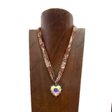 NKS251013-02-BEIGE-GOLD     16'' L print scarf Necklace with gold crystal heart Pendent