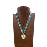 NKS251013-02-TEAL-CLR   16'' L print scarf Necklace with crystal heart Pendent