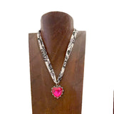 NKS251013-02-TEAL-CLR   16'' L print scarf Necklace with crystal heart Pendent