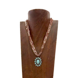 NKS251013-03-BROWN-BLUE    16'' L brown print scarf Necklace with blue turquoise stone flower concho Pendent